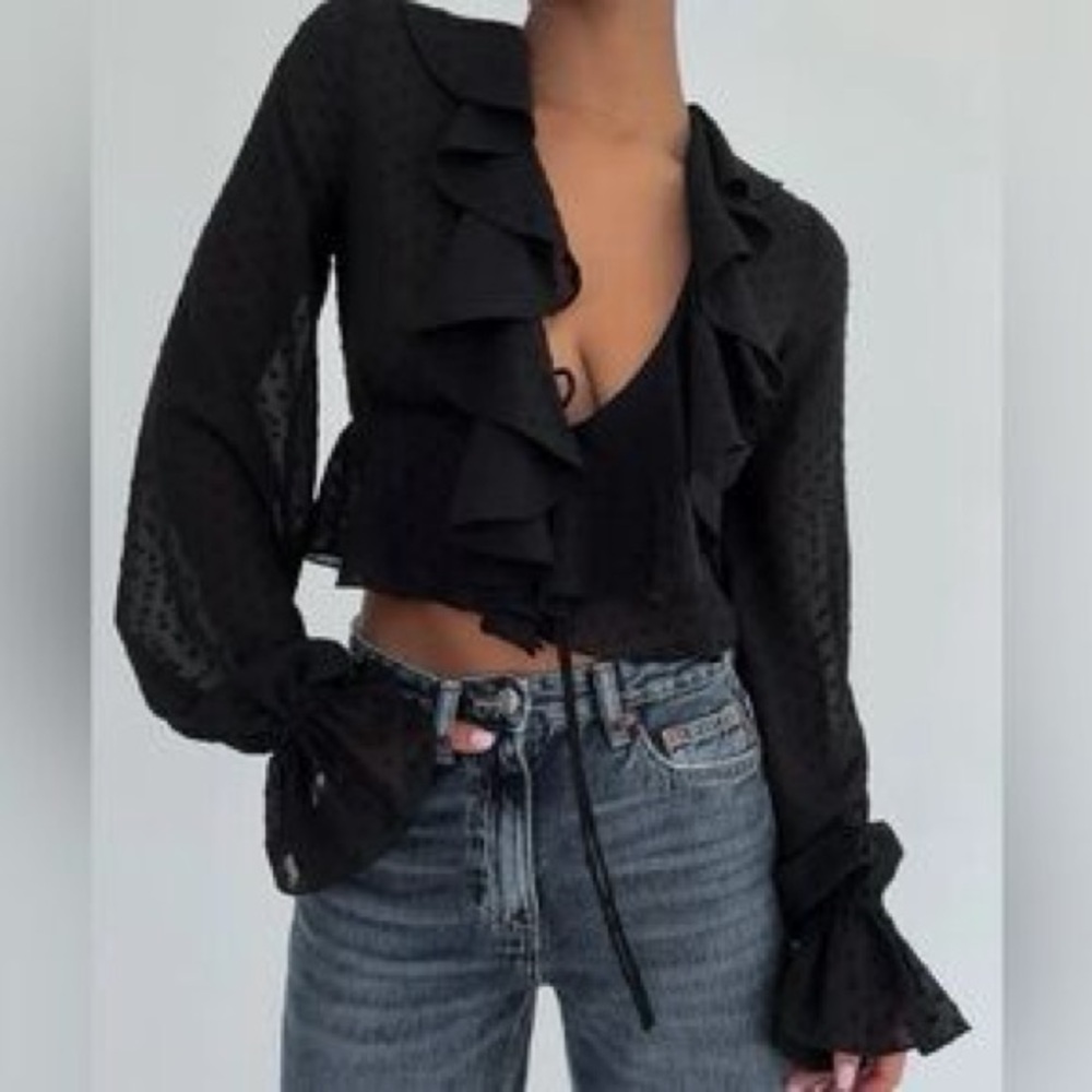 Rumored Black Sheer Ruffle Tie-Front Blouse